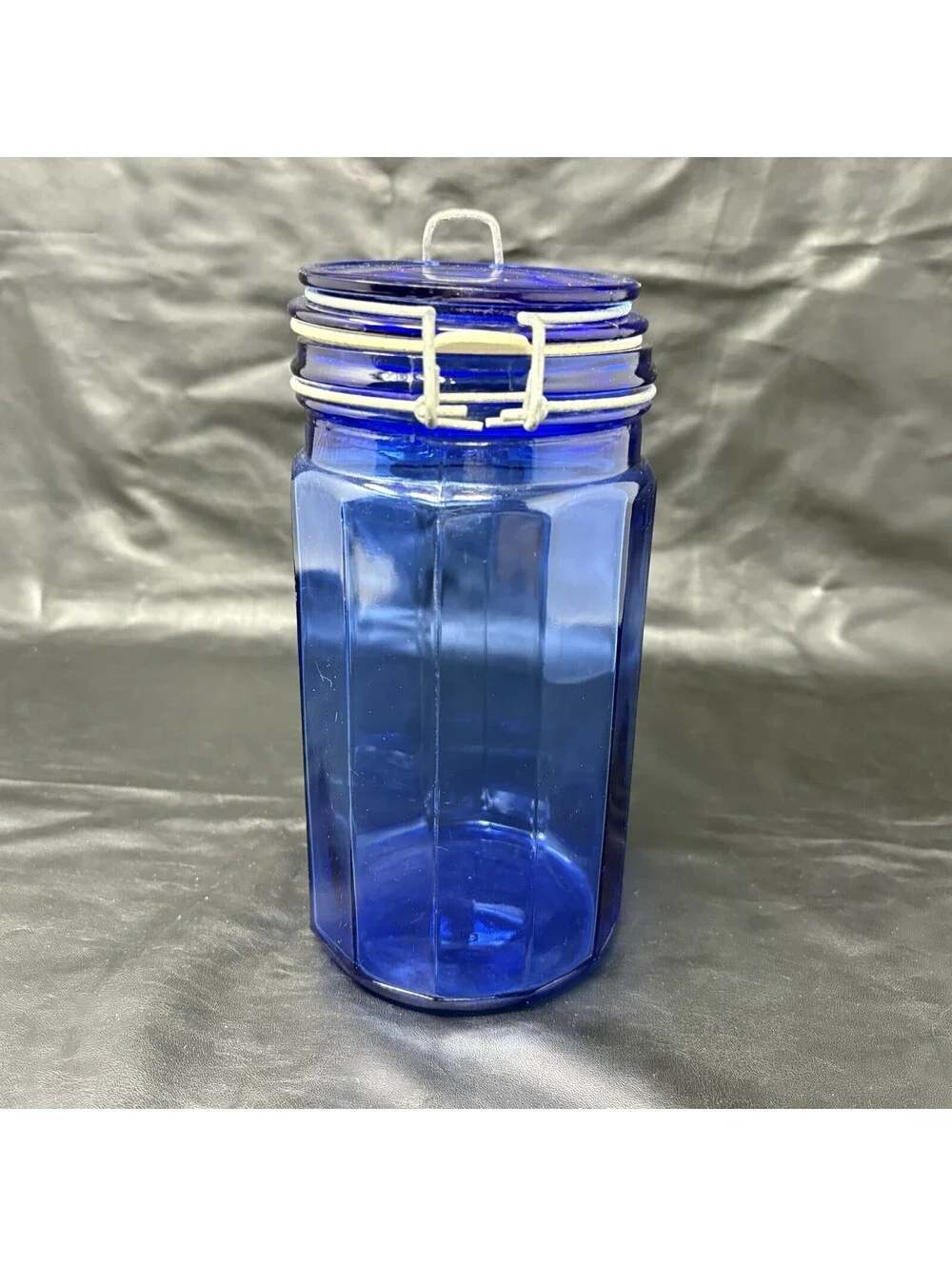 Cobalt Blue Jar Glass Storage Holder With Attached Wire Locking Lid 8” Tall